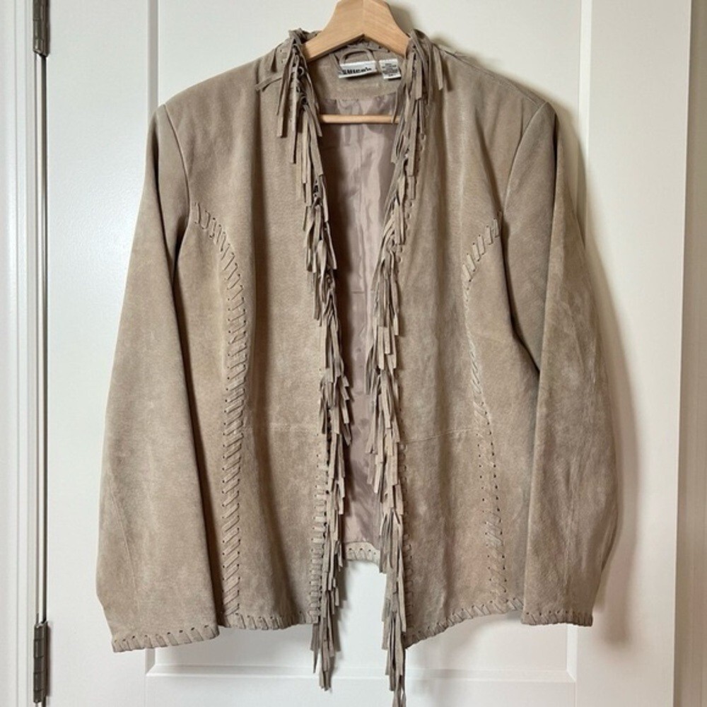 Chico's Design Vintage Western Beige Leather Fringe Jacket